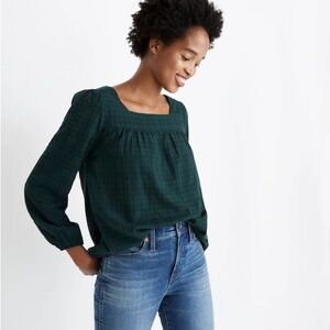 Madewell Women's Green Plaid Square Neck Peasant Top Size Small